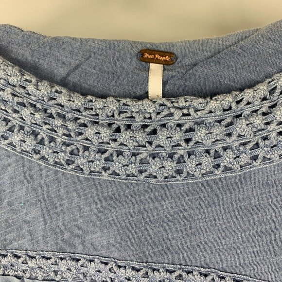 Free People Macrame Peasant Style Long Sleeve Top Slate Blue Size Extra Small - Picture 2 of 6